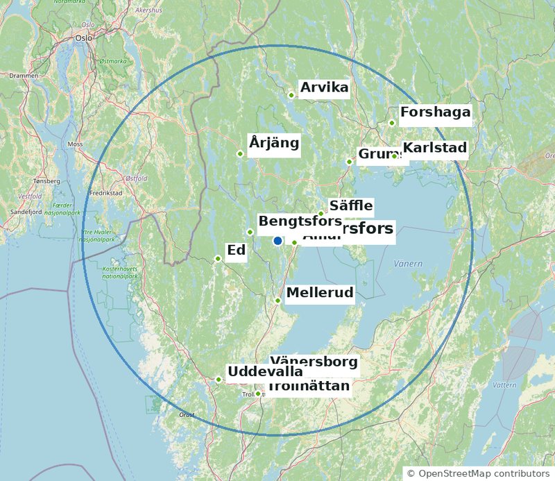 Karta över serviceområdet runt Fengersfors, Åmål och Säffle
